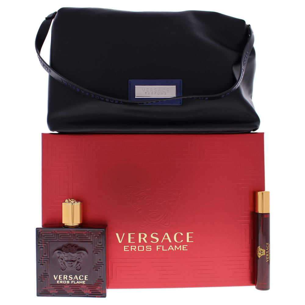 Eros Flame by Versace for Men 3 Pc 3.4oz EDP Spray, 0.3oz EDP Spray, Trousse Man